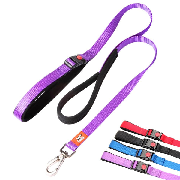 Purple 15mm wide Canny Connect no escape lead for small dogs & puppies, padded black grip and secure steel clip, shown with colour options: red, blue, purple, black.