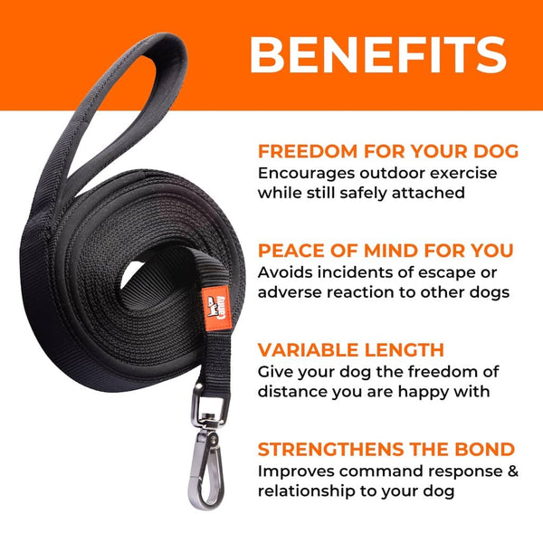 Rolled black long dog training recall lead with clip; highlights training benefits like safety, control, freedom, and bonding.