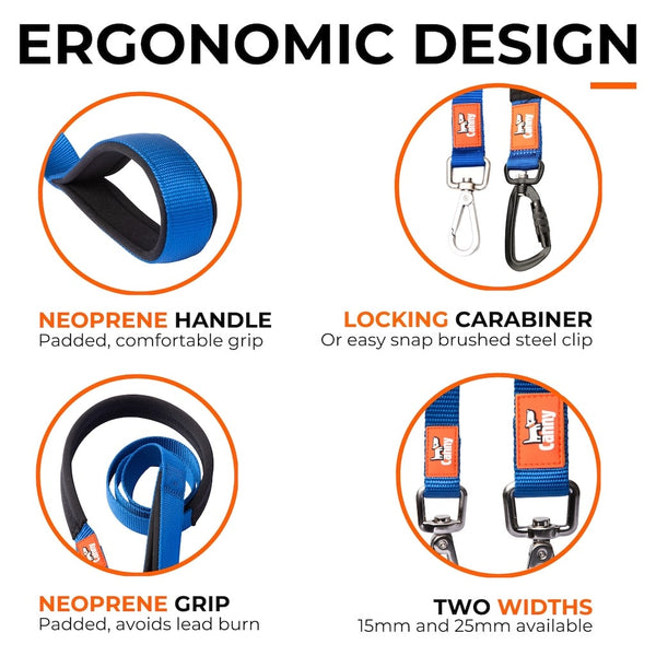 Canny Lead design features: padded neoprene handle and grip, locking carabiner or snap clip, available in 15mm and 25mm widths.