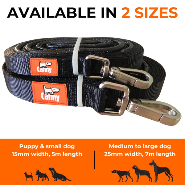 Two Canny Recall Leads laid flat, showing size options for small (5m, 15mm) and large (7m, 25mm) dog breeds.