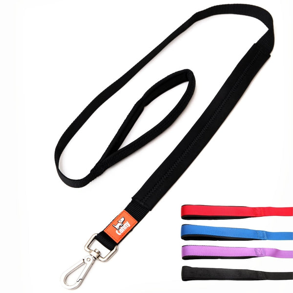 Black 25mm wide Canny no pull lead for medium to large dogs, padded neoprene handle and grip, steel clip and swatches with four colour options.