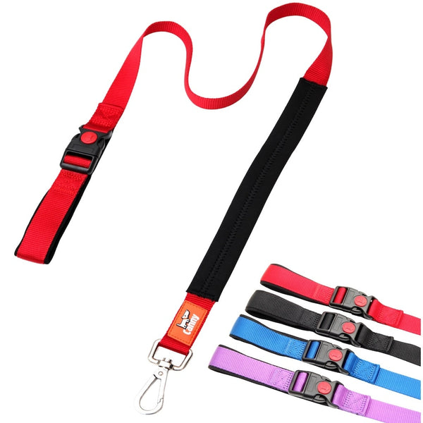 Red 25mm wide Canny Connect anti escape lead for medium to large dogs, padded grip and secure steel clip, shown with colour options: red, blue, purple, black.