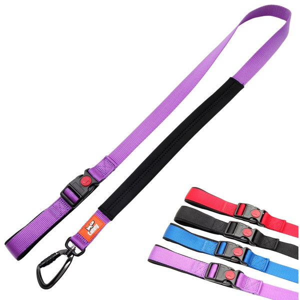 Purple 120cm Canny Connect anti escape lead for medium-large dogs with padded grip and locking carabiner, with 4 colour swatches shown.