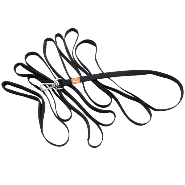 Black 5m long dog training recall lead for small dogs & puppies with padded handle, grab points and brushed-steel clip.